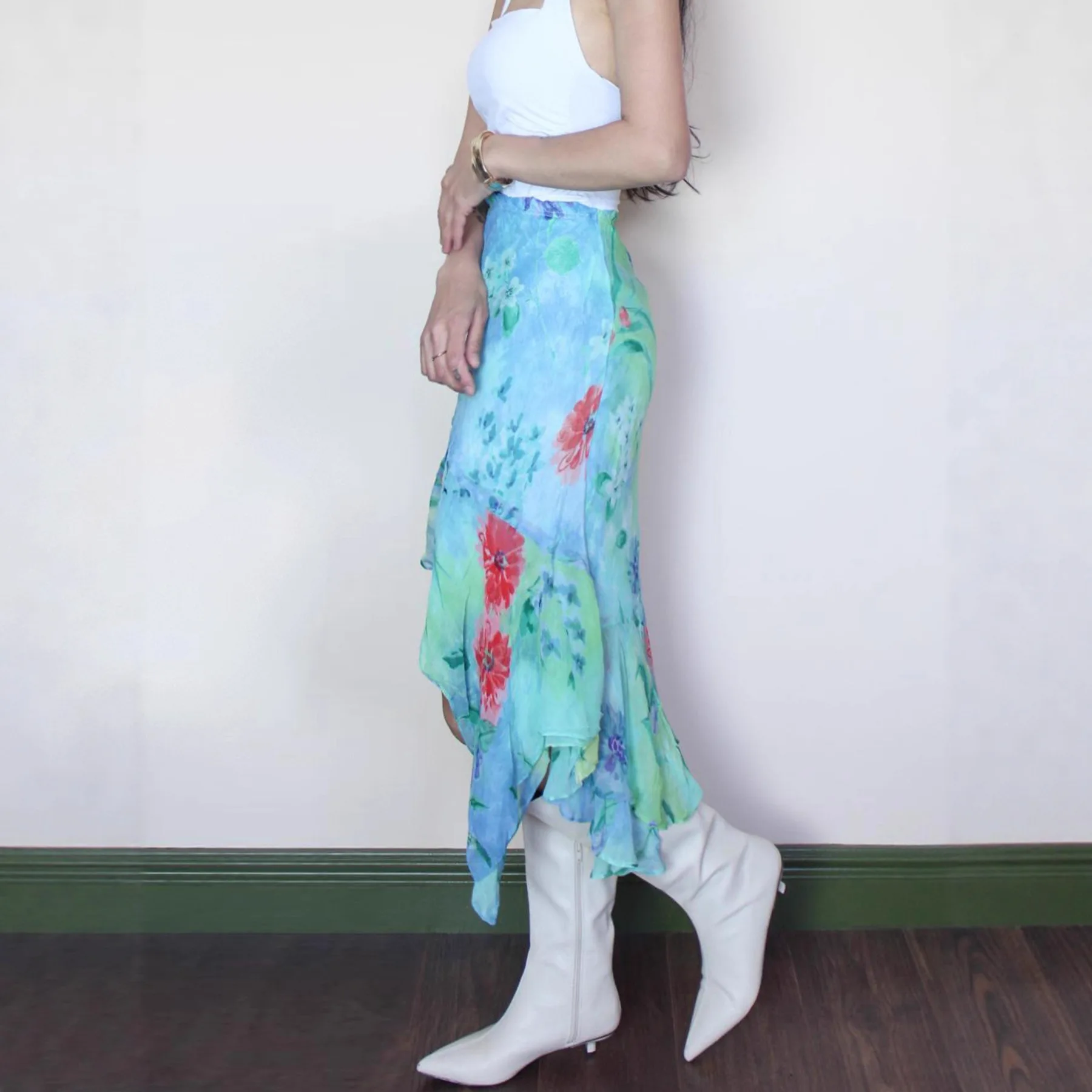 2026 봄 신상 여성 불규칙 유화 꽃 메쉬 중장 스커트