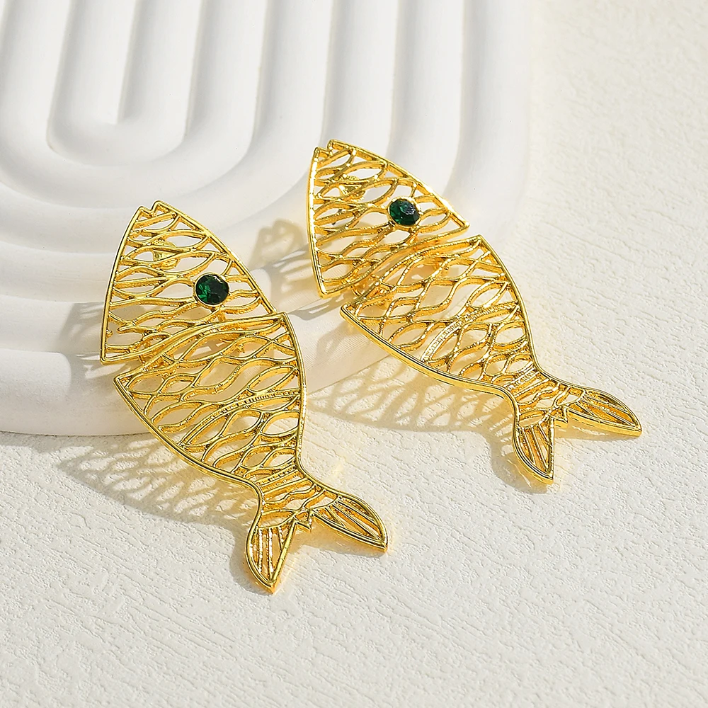 Unique Metal Hollow Out Splicing Fish Shaped Earrings for Women Exaggerated Gold Silver Color Fish Bone Earrings Jewelry Gift