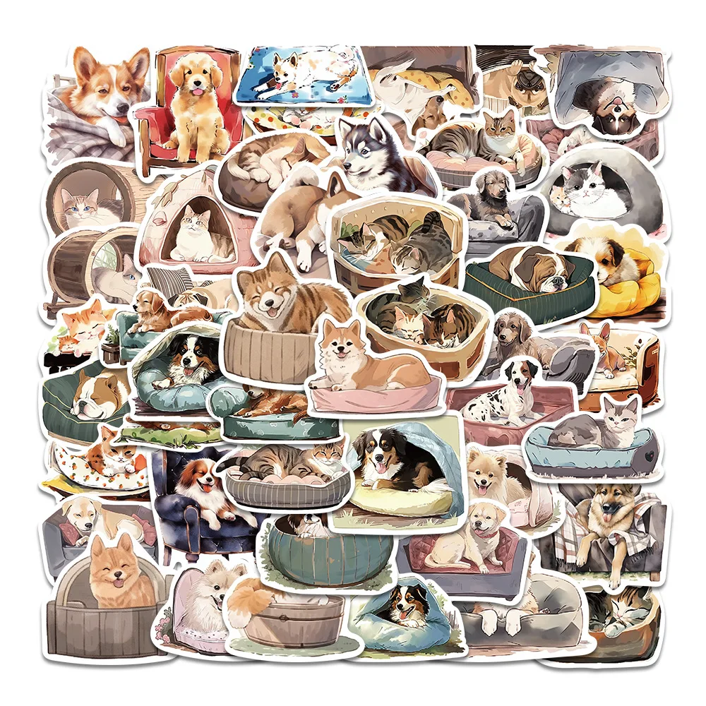 50PCS Cute Dogs Cat Stickers PVC Waterpoof Decals DIY Laptop Phone Luggage Stationary Funny Animal Sticker Toys Gift