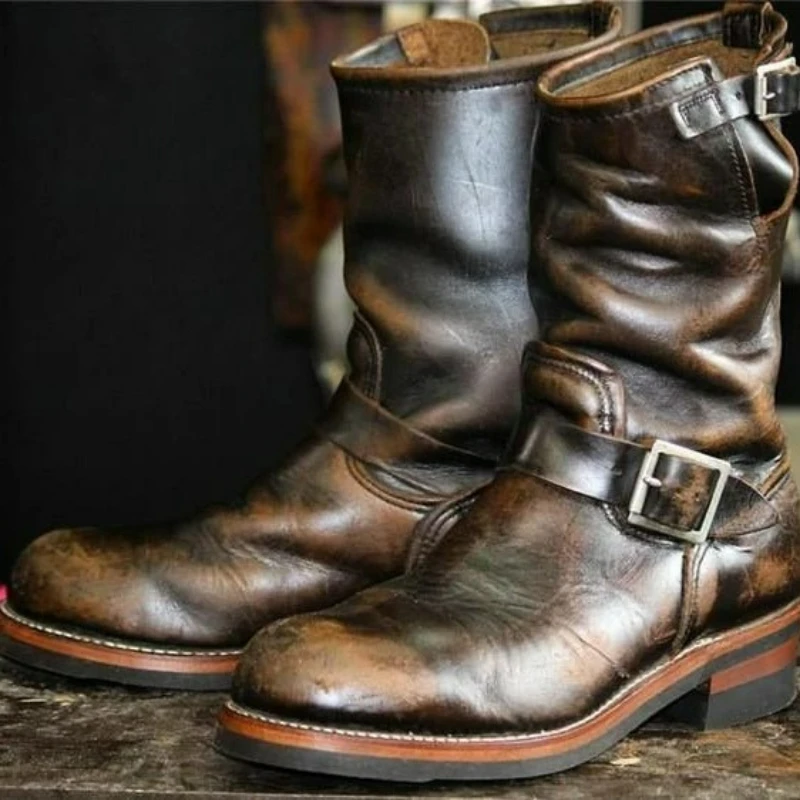 Retro Outdoor Western Cowboy Stiefel Mittelhoch Rund Mittelalterliche Motorradstiefel für Herren Trendige PU-Leder Schnallenstiefel – Detail 4