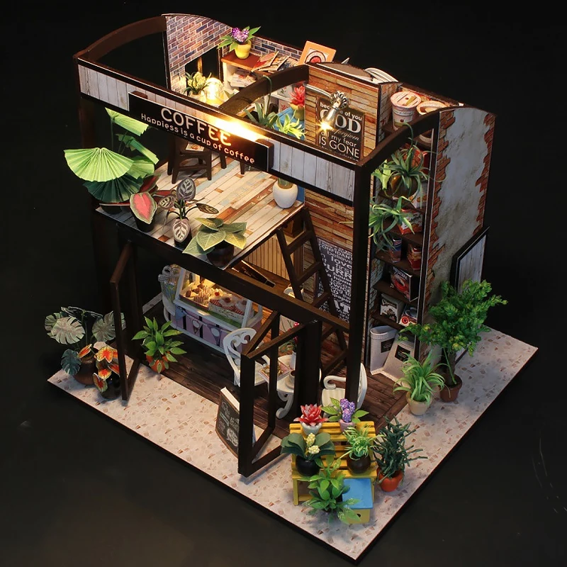 Caffetteria casa delle bambole in miniatura in legno 3D Puzzle Assembly Model Building Toys decorazione della camera da letto di casa con mobili