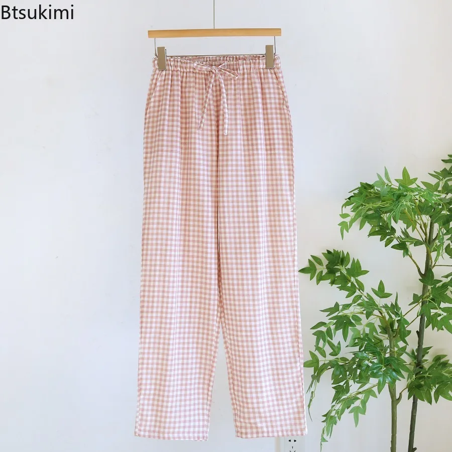 2026 Primavera Verano pantalones de dormir para amantes diseño a cuadros 100% pantalones largos de algodón ropa de descanso para el hogar pantalones de pijama pijama Mujer