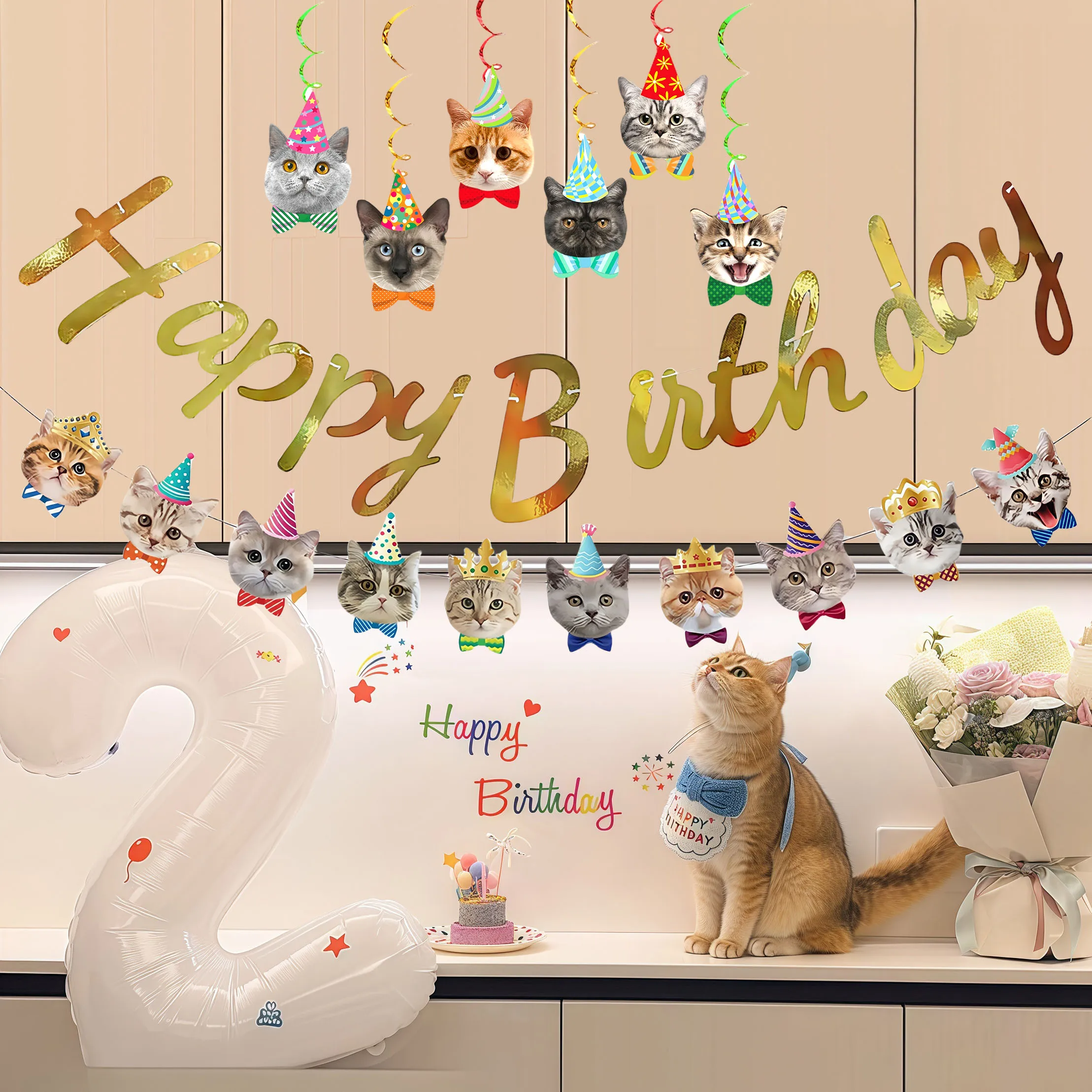 Geburtstagsbanner Katze Lustige Geburtstagsdekoration Kätzchen Tortendekoration Katzen-Geburtstagsdekoration Spiralförmige Deckendekoration