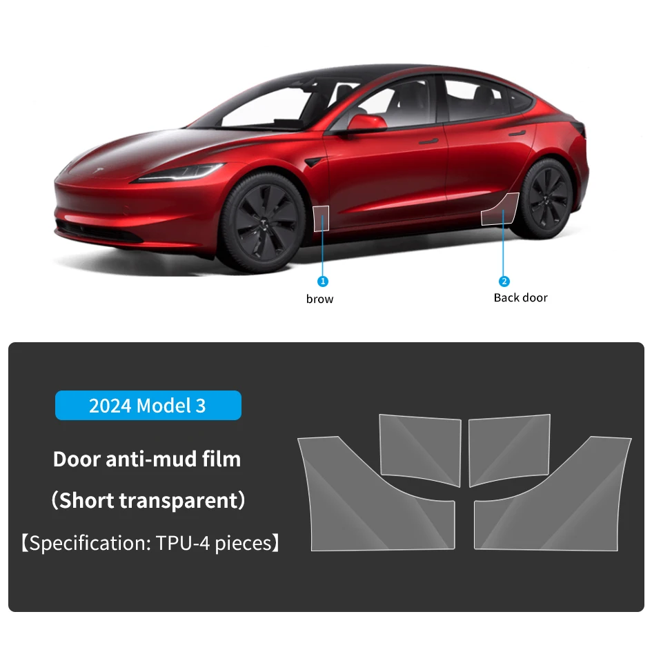 Korte transparante TPU deurspatbordfolie voor Tesla 2024-2025 Model 3 – Carbon Flash, modderbestendige bescherming
