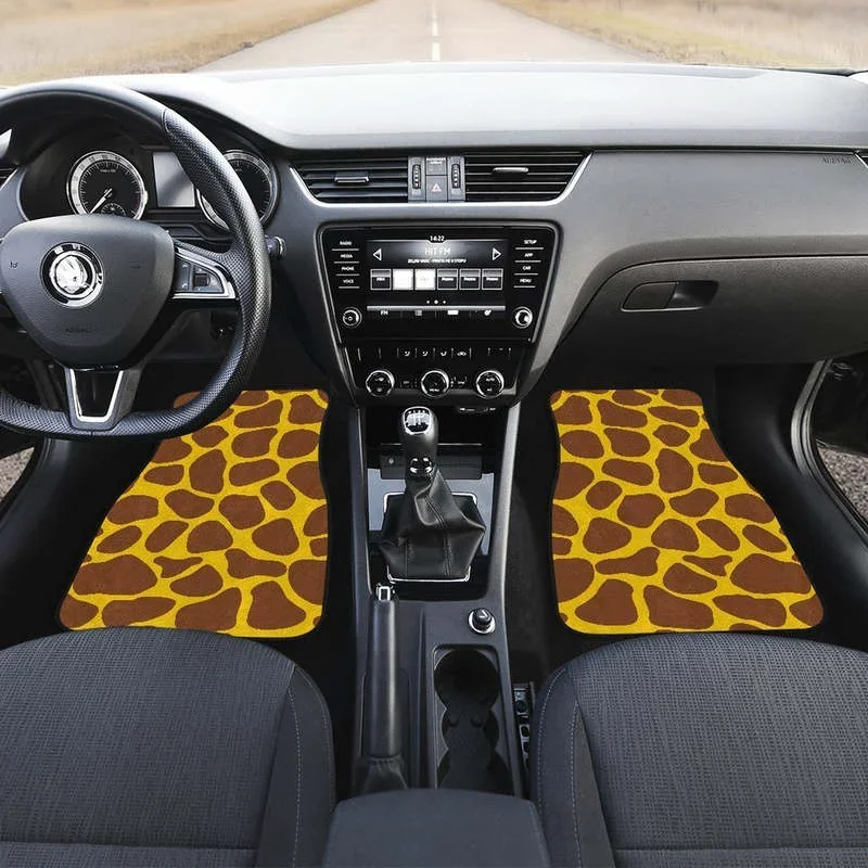 Yellow Brown Giraffe Pattern Print Front and Back Car Floor Mats    Heavy Carpet Front and Rear Full Set 4PCs Pack