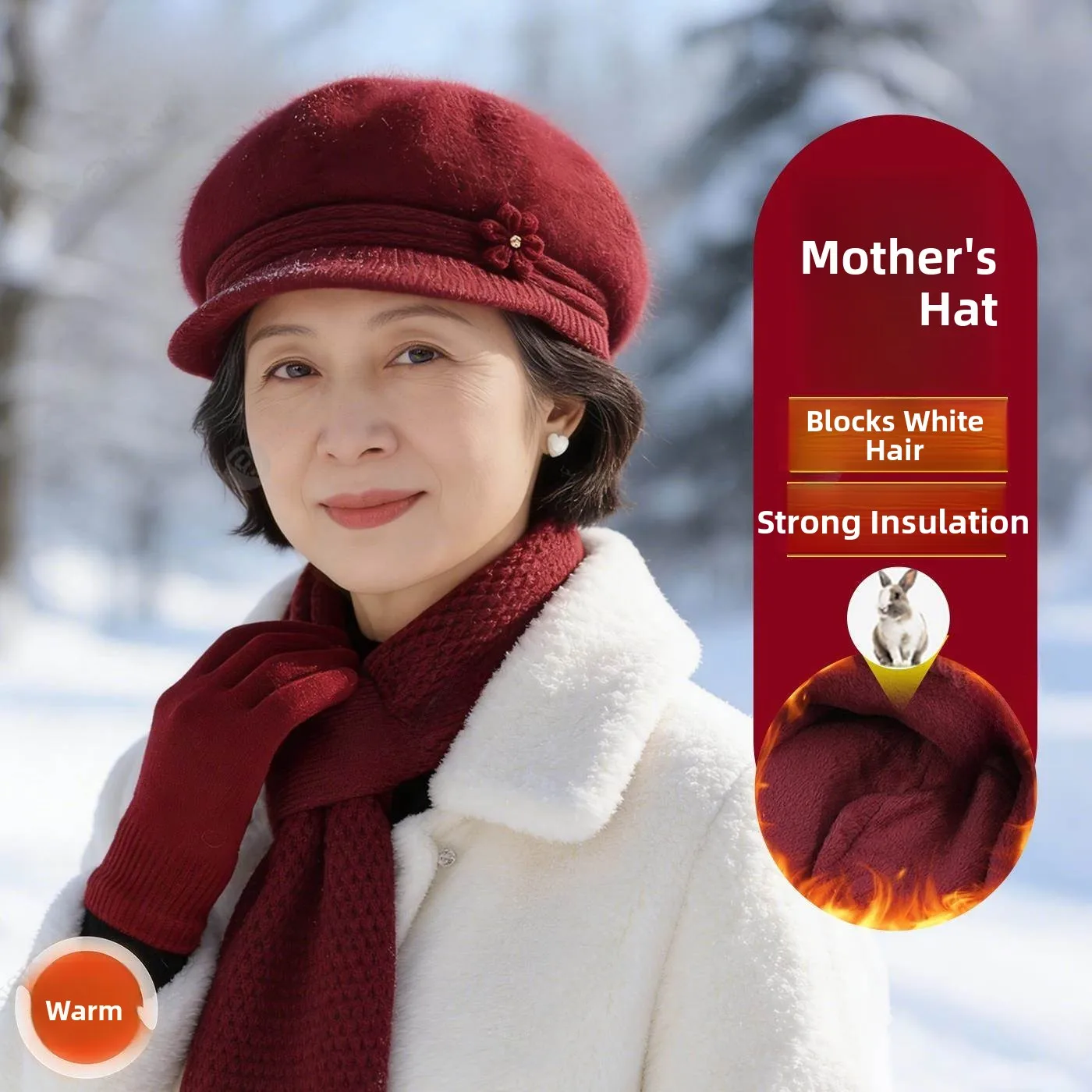 暖かいニットラビットファーハット-中年女性向け-冬用-ファッショナブル-カジュアル-スリムで通気性のある折りたたみ式-ショートブリム