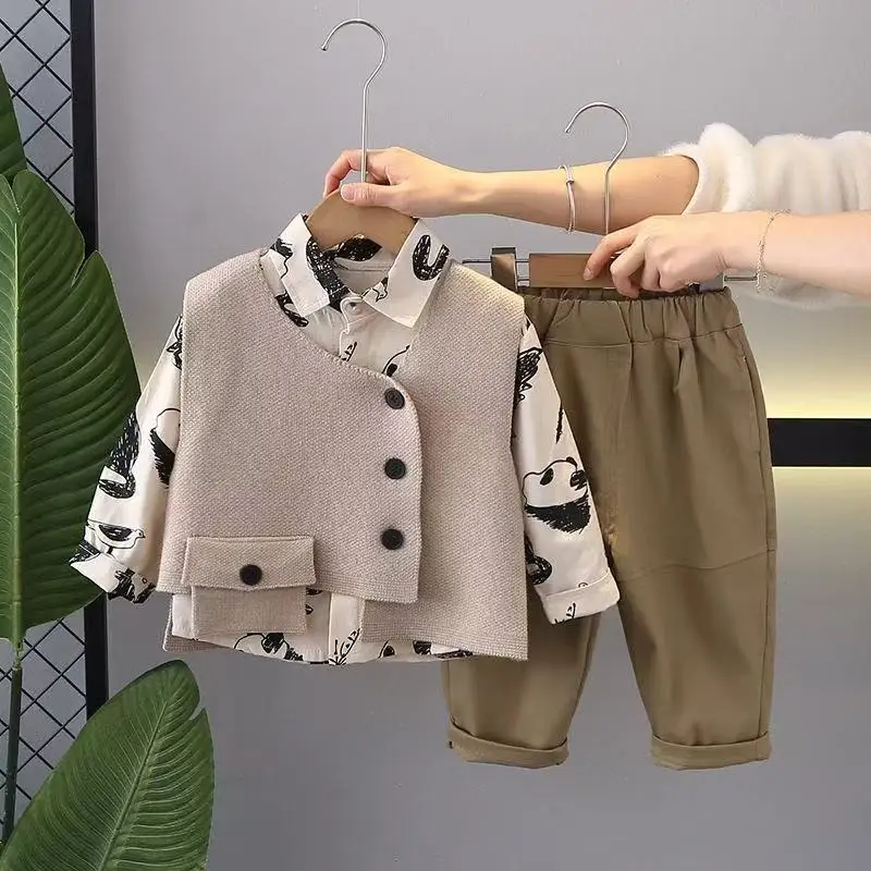 

3 Pcs set Spring Autumn Boy Clothing set Casual vest+ Shirt+Loose Pant Kid Children baby toddler Boy Fashion clothes 1-5year