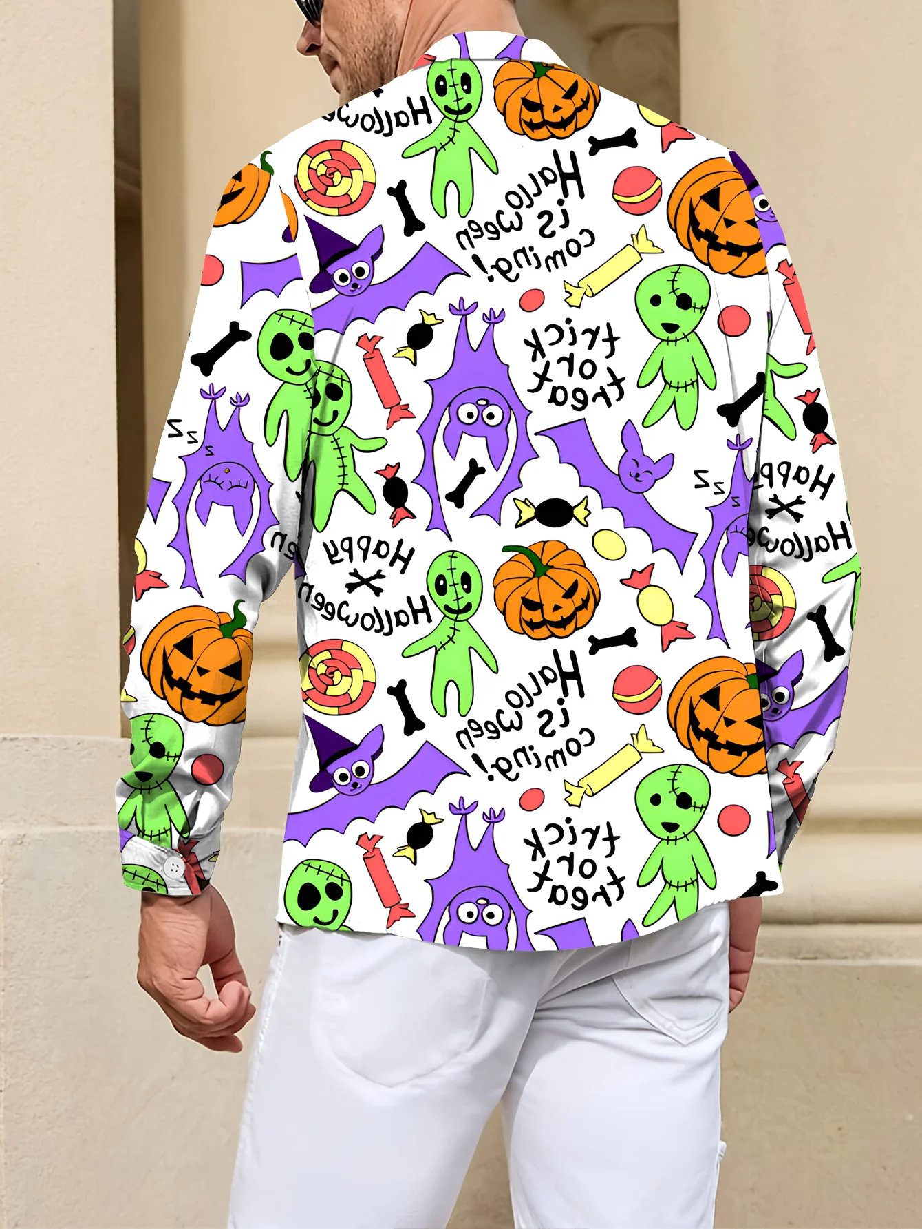 Men Long Sleeve Button Down Shirt White Halloween Alien Ghost Pumpkin Print Polyester Lapel Collar Party