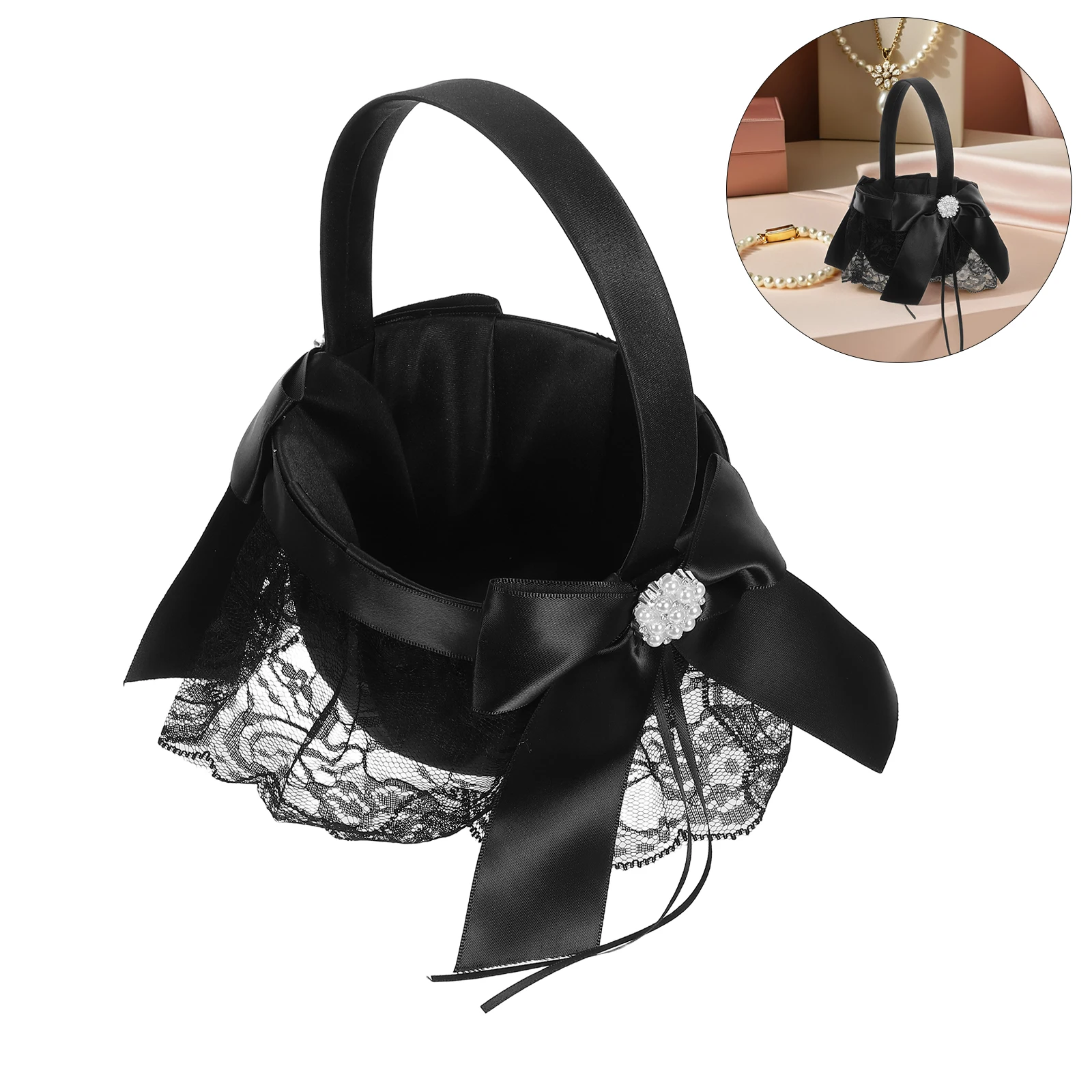 

Black Flower Girl Basket Elegant Handwoven Wedding Basket Handle Romantic Petal Holder Wedding Supplies Party Favor Bags