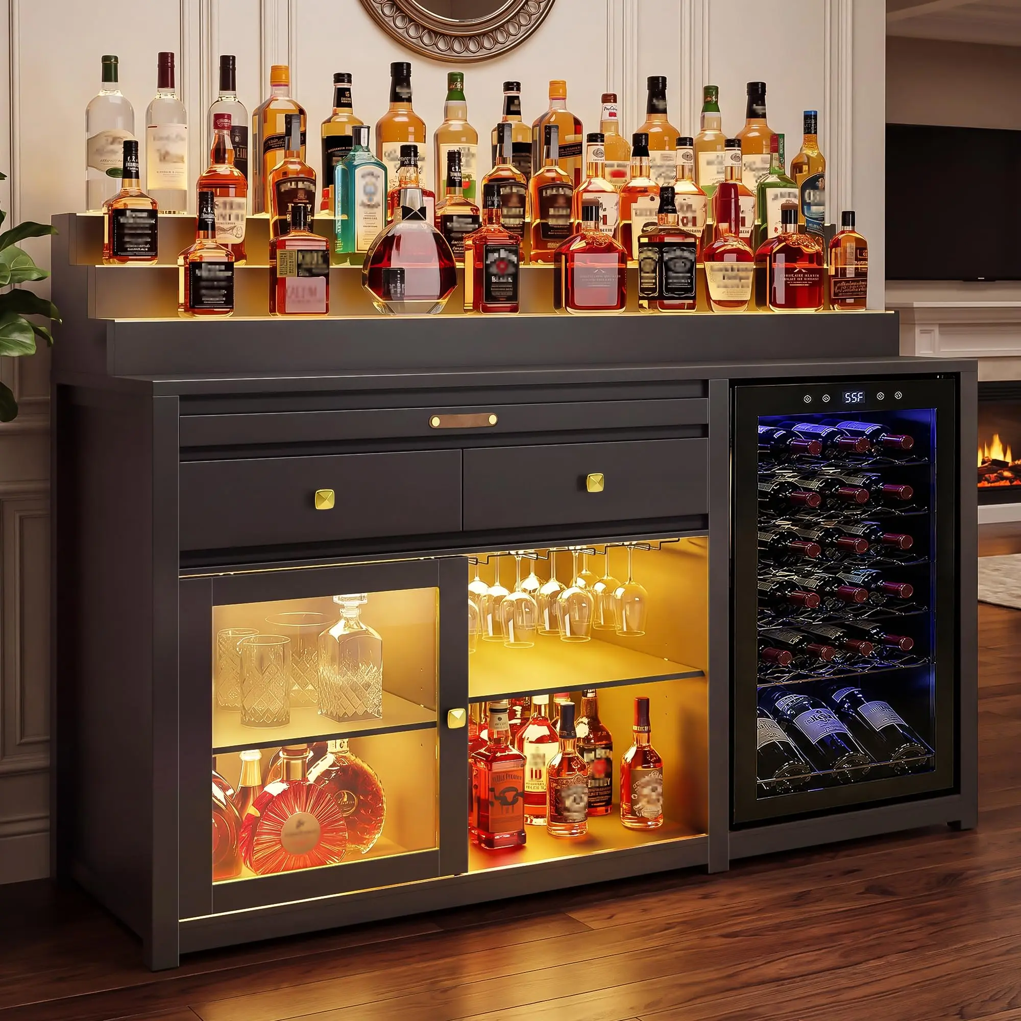 60.2-Inch Home Bar Cabinet, Fridge Space and LED Liquor Display, Black