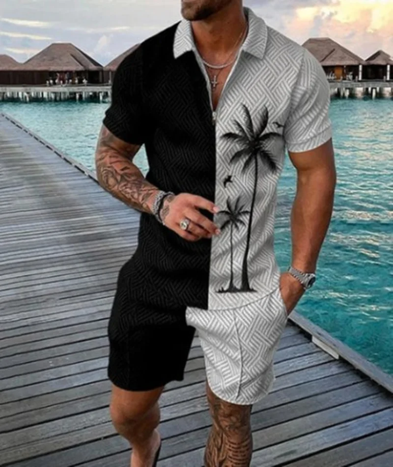 Fashion Summer Men's Tracksuit Short Sleeve Polo Shirt Set Coconut Tree 3D Print Clothing 2 Pieces Casual Suit Streetwear Outfit