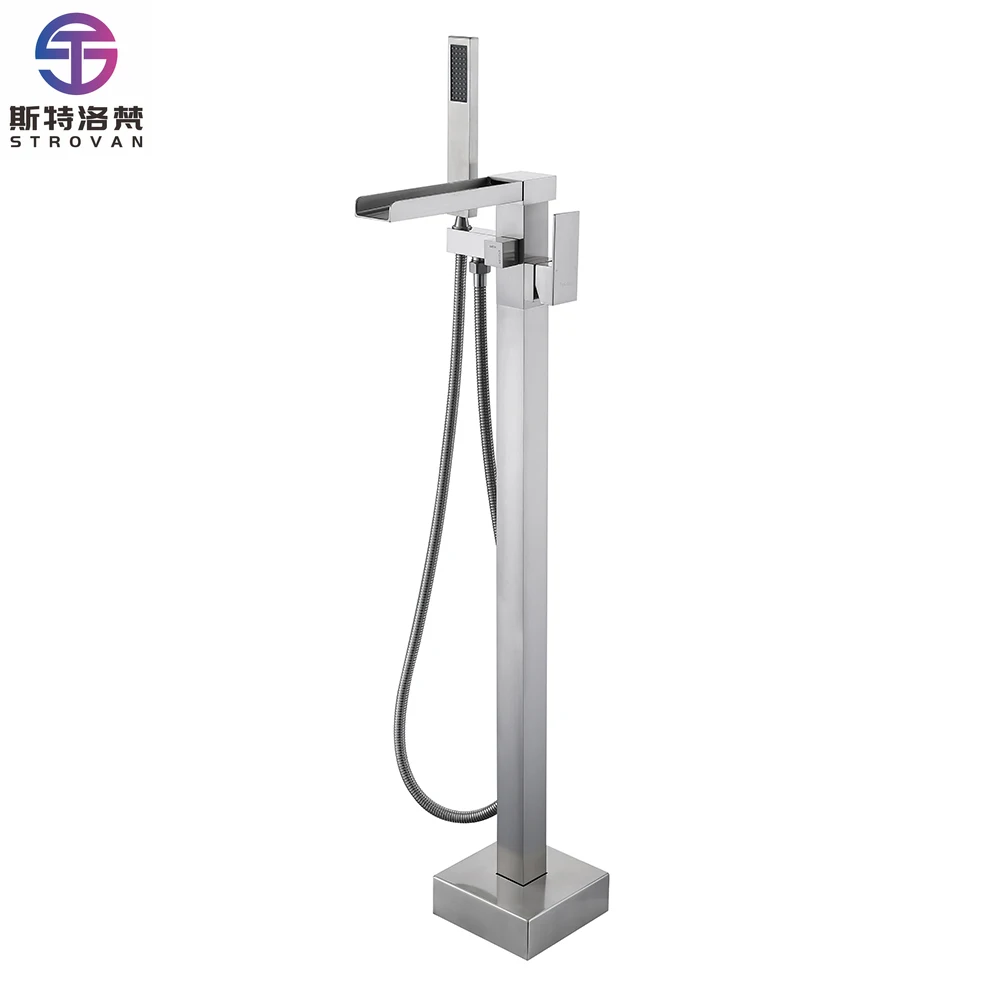 

Unique Brass Bathtub Mixer Tap with Handle Shower Chrome Finished Hot and Cold Water Brushed Nickel Floor Stand Bathtub Faucet