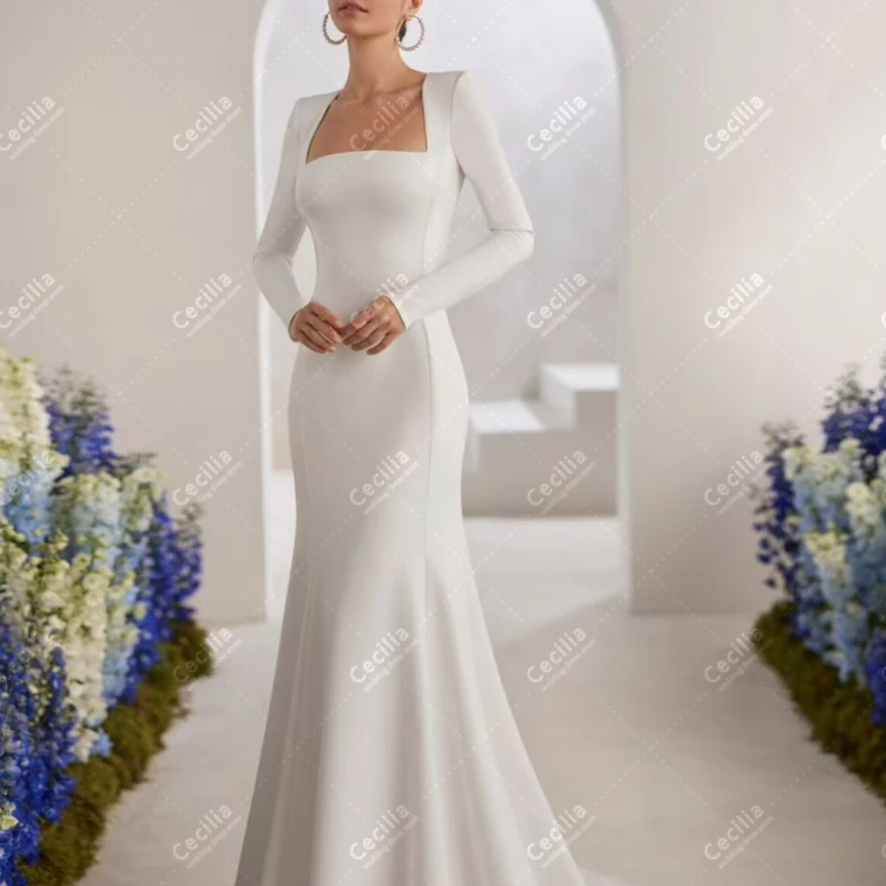 Abiti da sposa semplici Abiti da sposa modesti Abiti in raso Maniche lunghe Colletto quadrato Abiti per le spose Abiti da sposa personalizzati