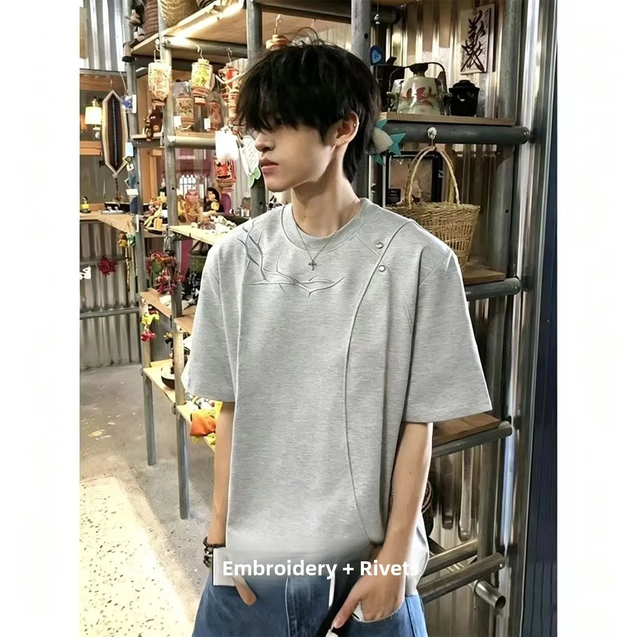 American Style Deconstructed Thistle Embroidery Short Sleeve T-Shirt Men Summer Thunder Pattern Embroidery Breathable Loose Fit