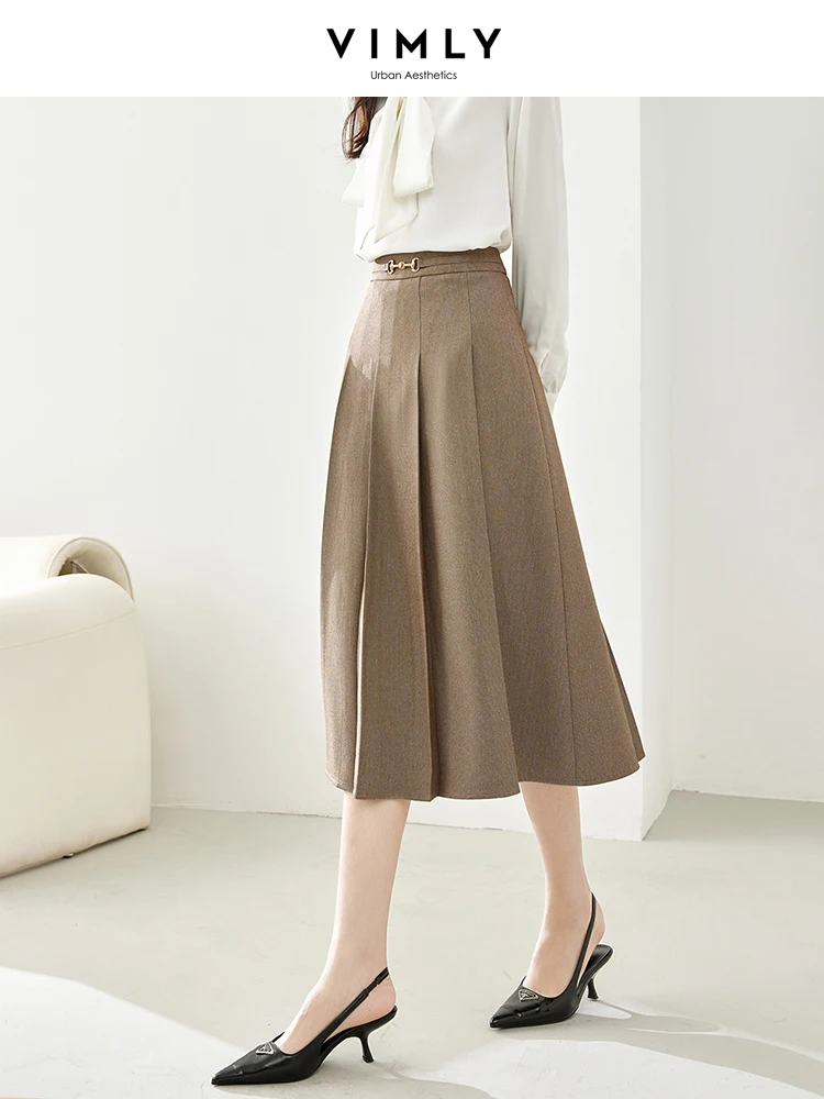 Vimly Chic and Elegant Midi Pleated Skirt for Women 2023 Autumn Winter Fashion Office Lady Coffee Flared A Line Skirts M2587