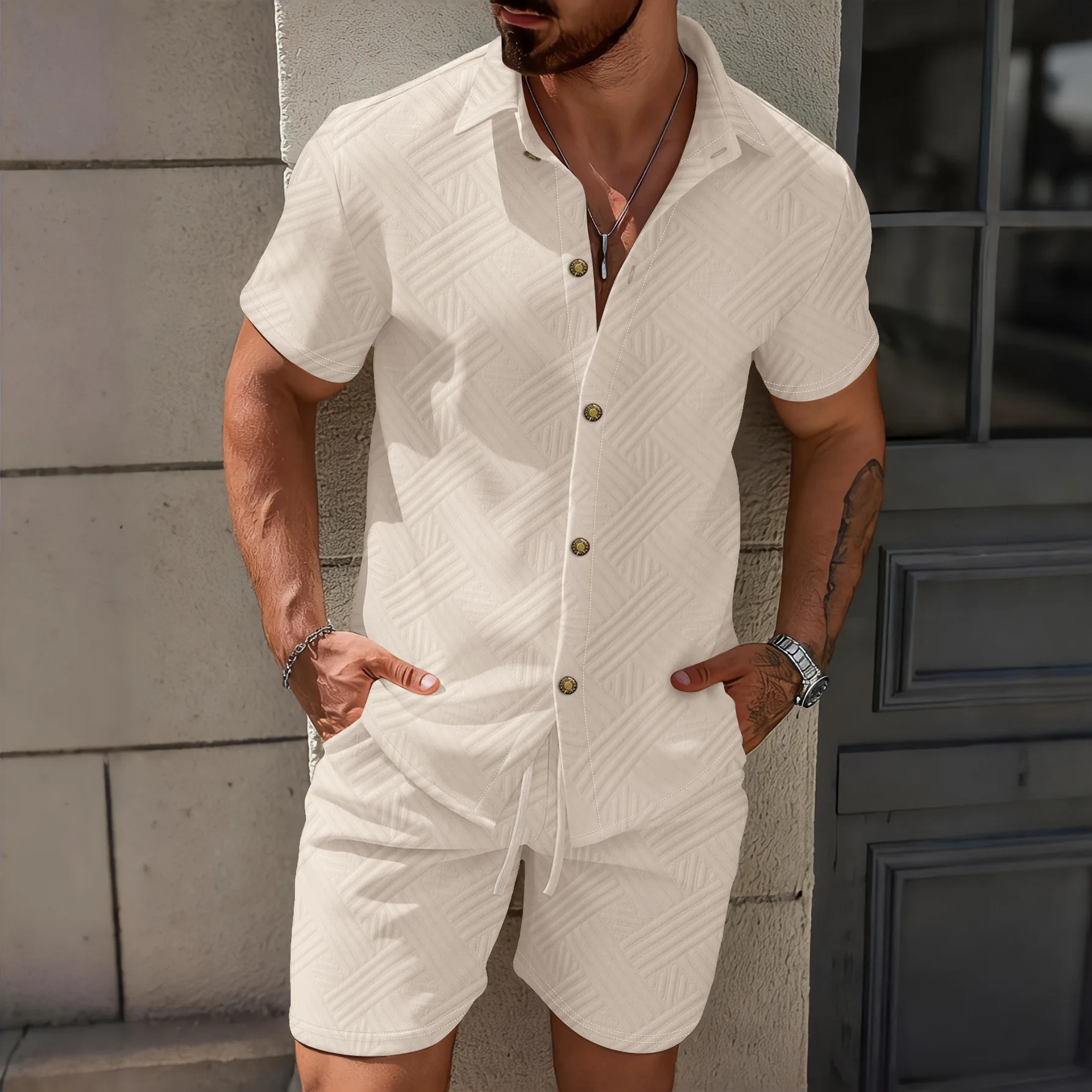 2026 Neuer Trend Herren Einfarbiges Jacquard-Kragen-Sweatshirt 2026 Neues Modisches Hochwertiges Kurzarm-Hemd Lässiges Zweiteiler-Set