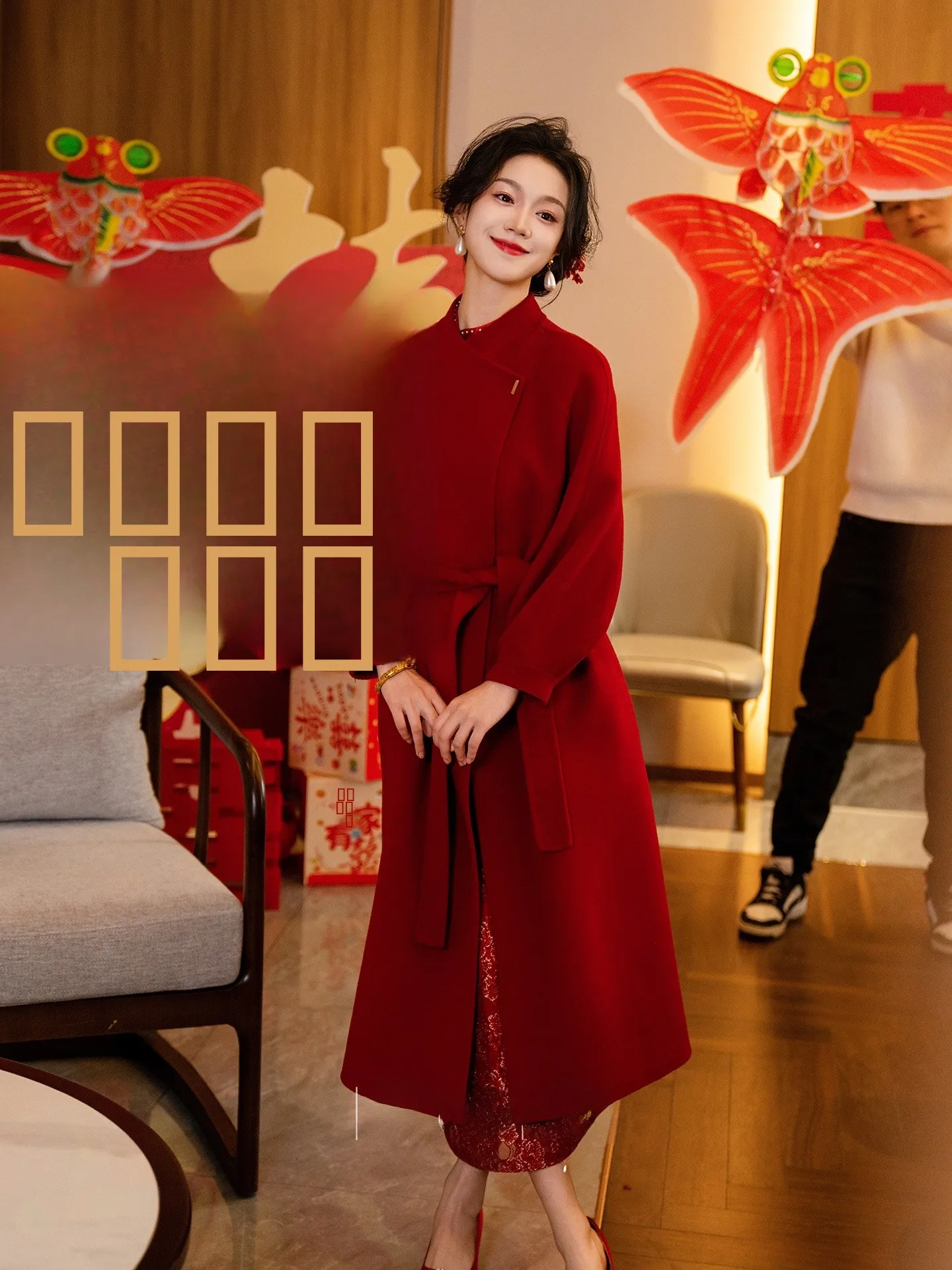 

Красное двустороннее шерстяное пальто средней длины, женская твидовая верхняя одежда, наряд для свадьбы, для подружек невесты, китайский стиль, прямой крой