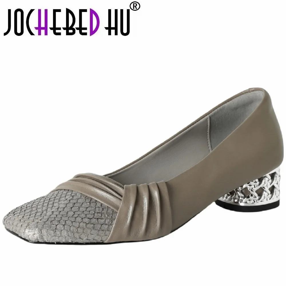 

【JOCHEBED HU】женские элегантные женские туфли ручной работы из натуральной кожи с квадратным носком на среднем каблуке, повседневные тонкие модельные туфли на каблуке 34-40