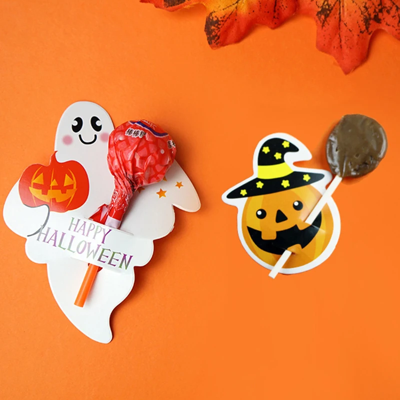 50PCS Halloween Lollipop Card Multi Pumpkin Ghost Skull Cat Lollipop Holder Halloween Party Supplies Trick Or Treat Candy Pack