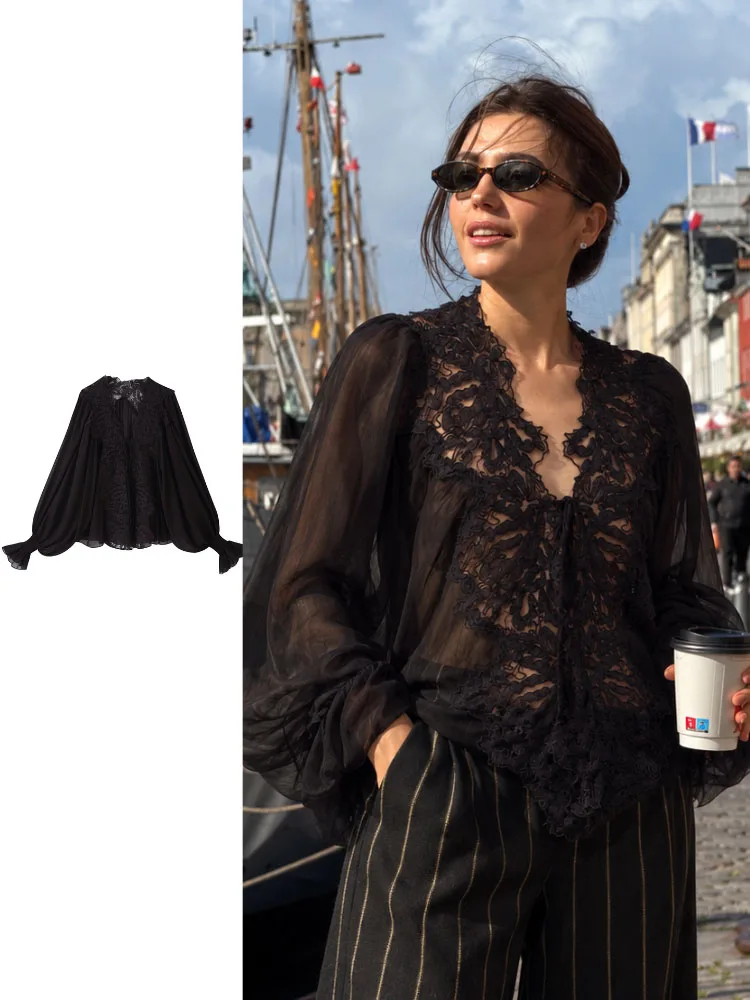 HH Women Black Lace Blouse Elegant Sheer Chiffon Long Sleeve Top Vintage Floral Lace Shirt for Fall Office Work Date Night Party