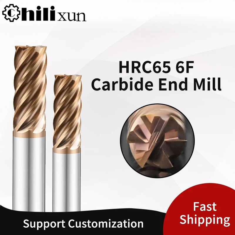 HILIXUN HRC65 6F Endmills Bronze Coating Tungsten Steel Carbide Flat Bottom Milling Cutter For CNC Tools 4mm-20mm