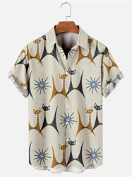 Camisa de manga corta con estampado de gato abstracto para hombre, Top Hawaiano con solapa a la moda, informal, talla grande, novedad de 2024