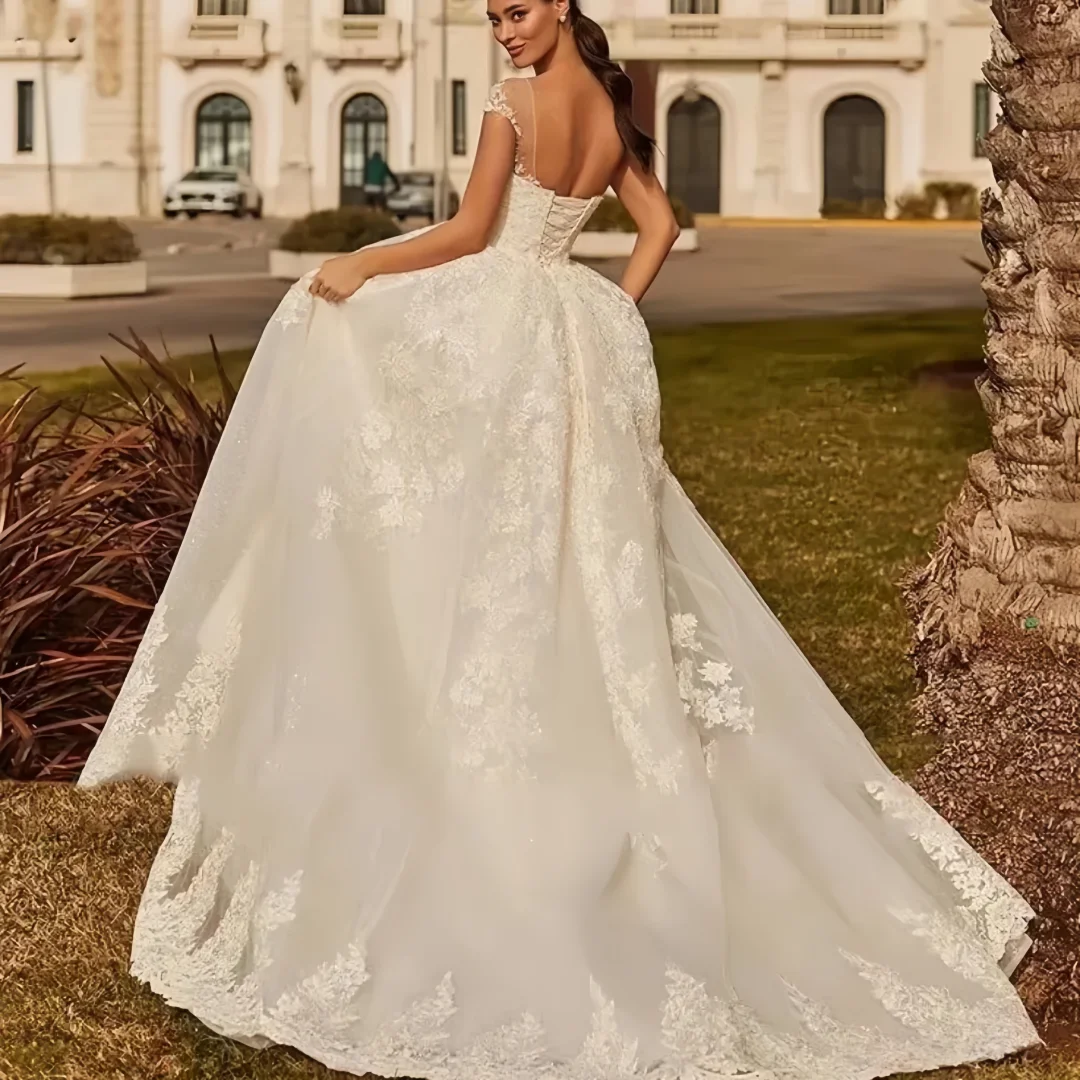 Customized Luxury  O-Neck Full Sleeve Embroidery Appliques Bridal Ball Gown Party Wedding Dresse  Vestidos De Novia