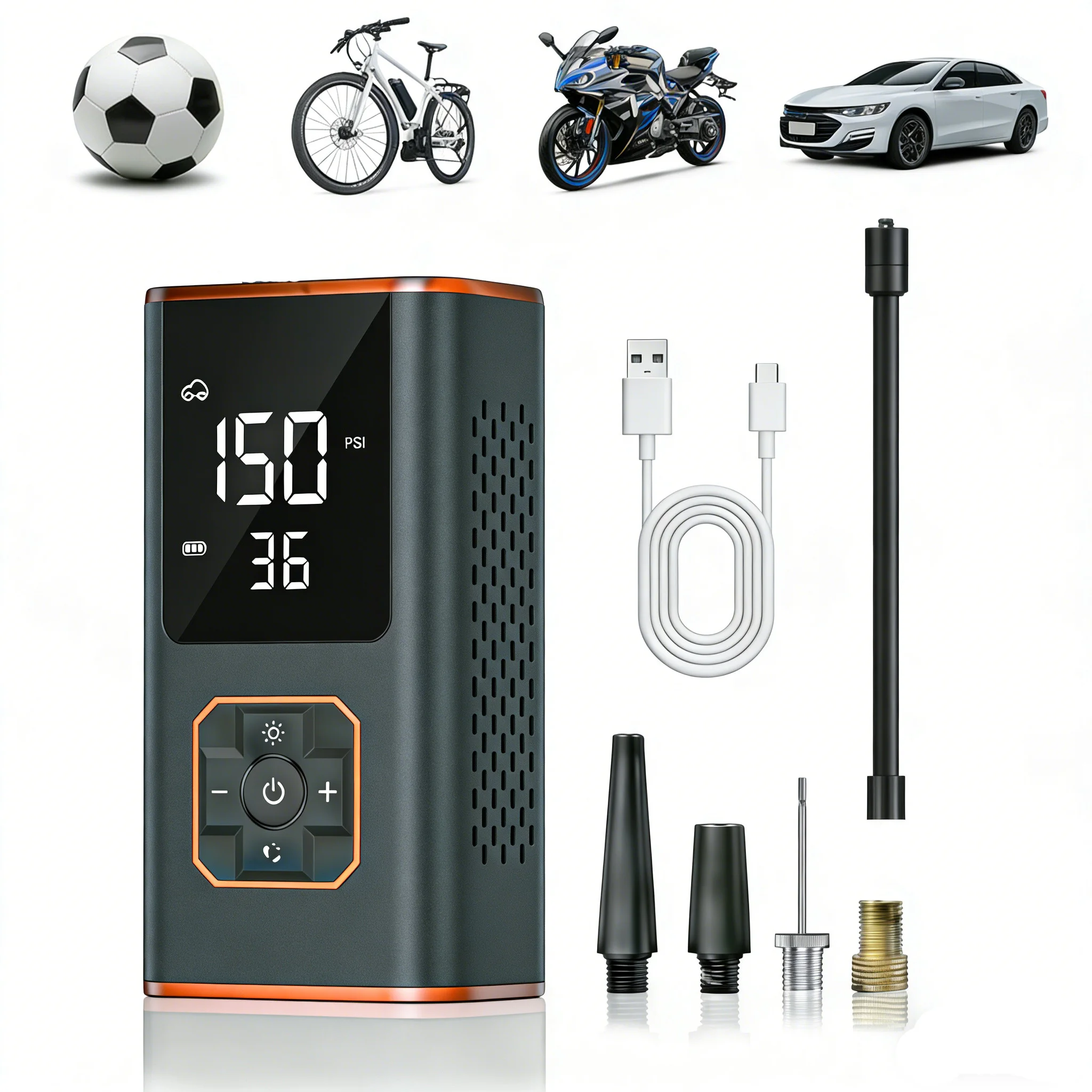 Tragbarer 150PLS Reifenfüller, Luftkompressor, Powerbank Geeignet für Autos, Fahrräder, Motorräder, Reifen und Bälle
