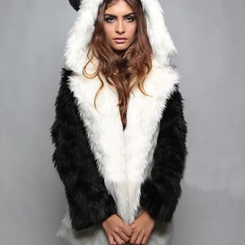 Like Wolf Artificial Fox Fur Coat Cartoon Ear Hooded Faux Rabbit Fur Coats Plush Jacket Faux Fur Hood Animal Hat Women Outwear