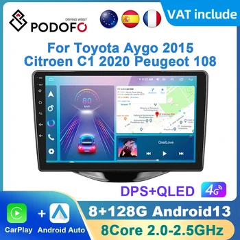Podofo AI Voice Android Carplay Car Radio For Toyota Aygo 2015/Citroen C1 2020/Peugeot 108 Android Auto 4G Multimedia GPS