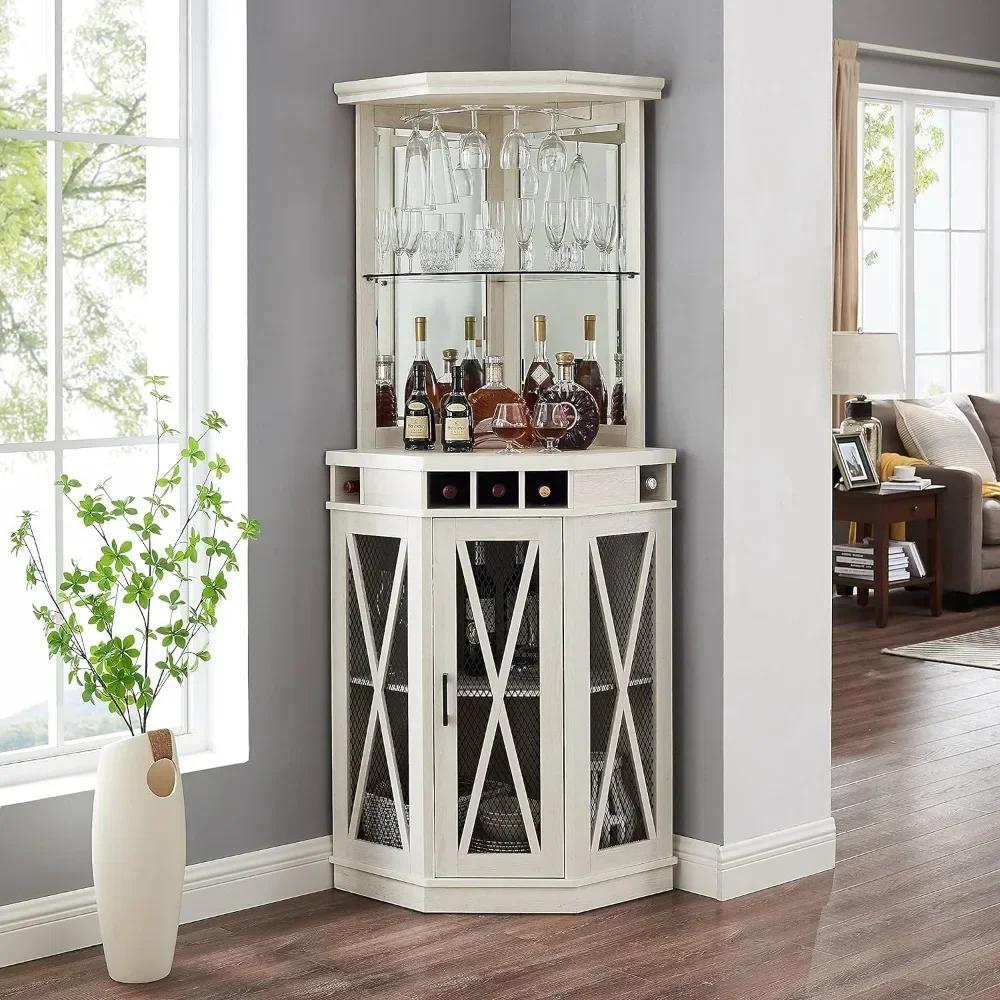 

Wash Grey Corner Bar Unit 73" With Built-in Wine Rack and Mesh Barn Look Door. Showcases Display Cabinet & Cabinets