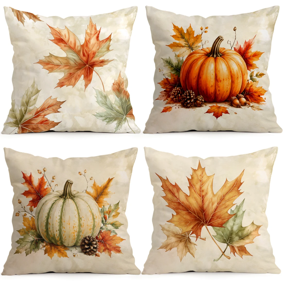 1pcs/4pcs Watercolor Maple Leaf Pumpkin Cushions Pillowcase Polyester Cushion Cover Throw Pillow Pillowcover Home Car Sofa Deco