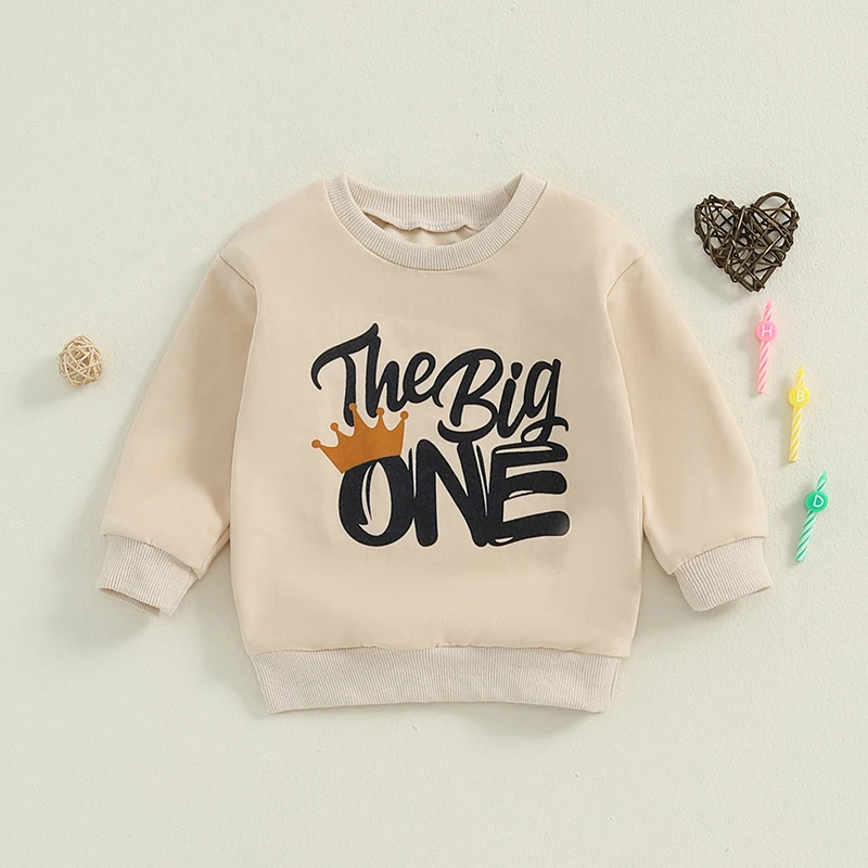 Baby Boy 1st Birthday Sweatshirt Crown Letter Print Long Sleeve Round Neck Pullover Loose Tops