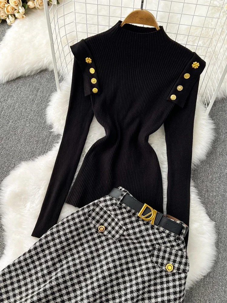 Women Casual Elegant Half High Neck Gold Shoulder Button Knit Sweater Top Two-piece Set High Waist Slim Plaid Skirt for Women