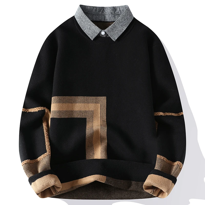 

Fake 2 Pieces Shirt Neck Knit Sweater Men Autumn and Winter High Quality Male Slim Long-sleeved Pullover Men's Business Sweater