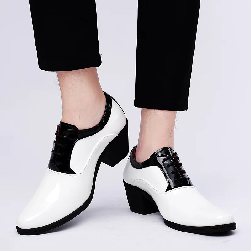 Fashion Shiny White Black Office Heels Men Formal Shoes Genuine Leather Platform Wedding Shoes Men Dress Shoes zapatos de vestir