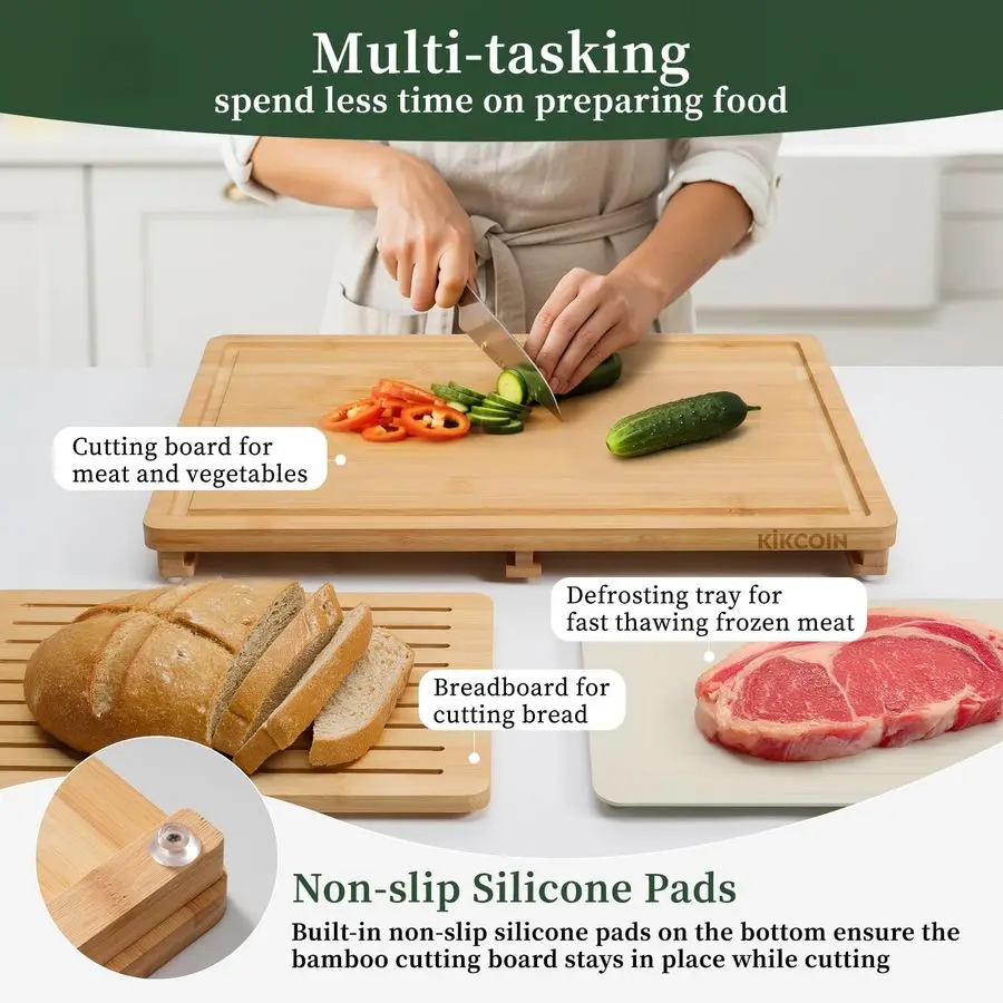 Bamboe Snijplank Set met Ontdooibak, Houten Snijplanken voor Keuken met Diepe Sap Groeven amp Ingebouwde Organizer Mea