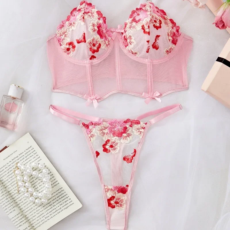 Ensemble de Lingerie Sexy en Dentelle Rose pour Femme, en Maille, Couleur Unie Trempée, Broderie de Fleurs, NikTransparent