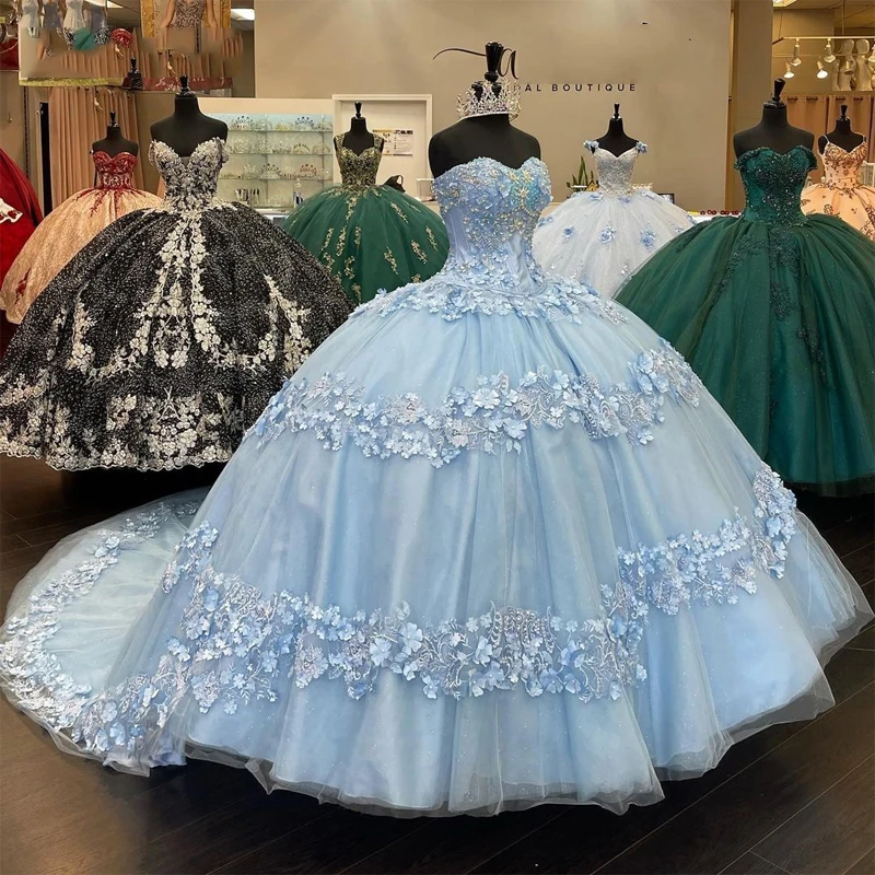 Ánh Sáng Xanh Da Trời Quinceanera Áo Với 3D Hoa Táo Lệch Vai Cột Dây Áo Dạ Hội Sweet 16 Đầm Vestidos de 15