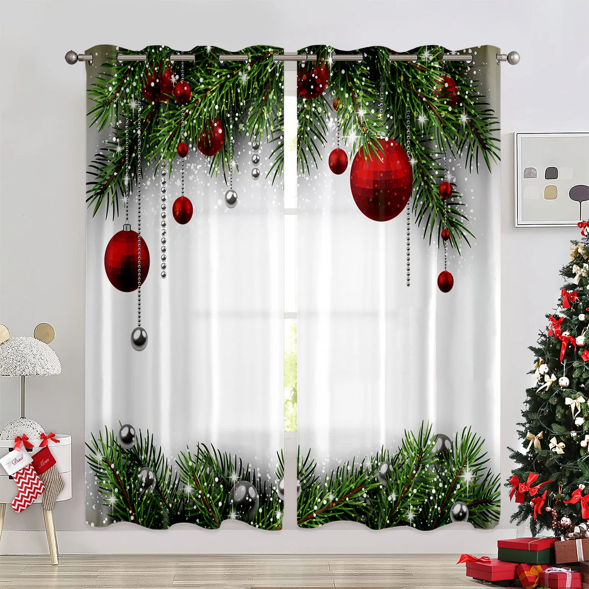 Christmas Decorative Curtains, Curtains With Christmas Tree Prints, Festive Party Curtains For The Dining Room,Gift For Children