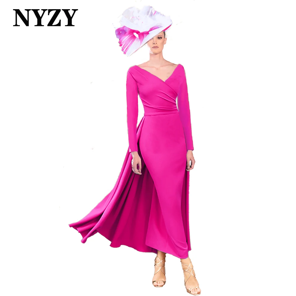 NYZY M422 Customized 2025 Evening Gowns Stretch Jersey V-neck Long Sleeves Wedding Party Mother of the Bride Groom Dresses