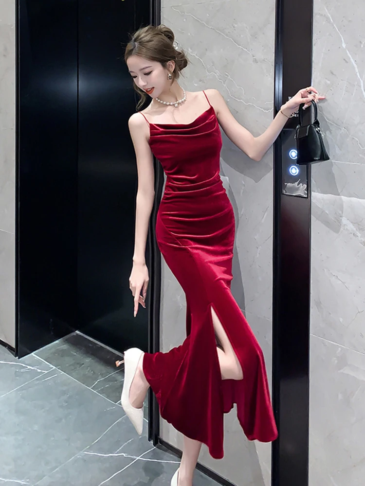 Sexy Vintage Split Velvet Spaghetti Strap Midi Dresses for Women Korea 2024 Summer French Elegant Wedding Party Female Clothing