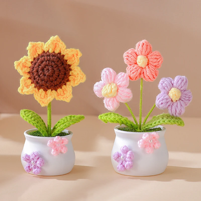 1PC Sunflower Crochet Flower Photography Props Flower Handmade Weaving Flowerpot Home Wedding Party Puff Tulip Home Decoration