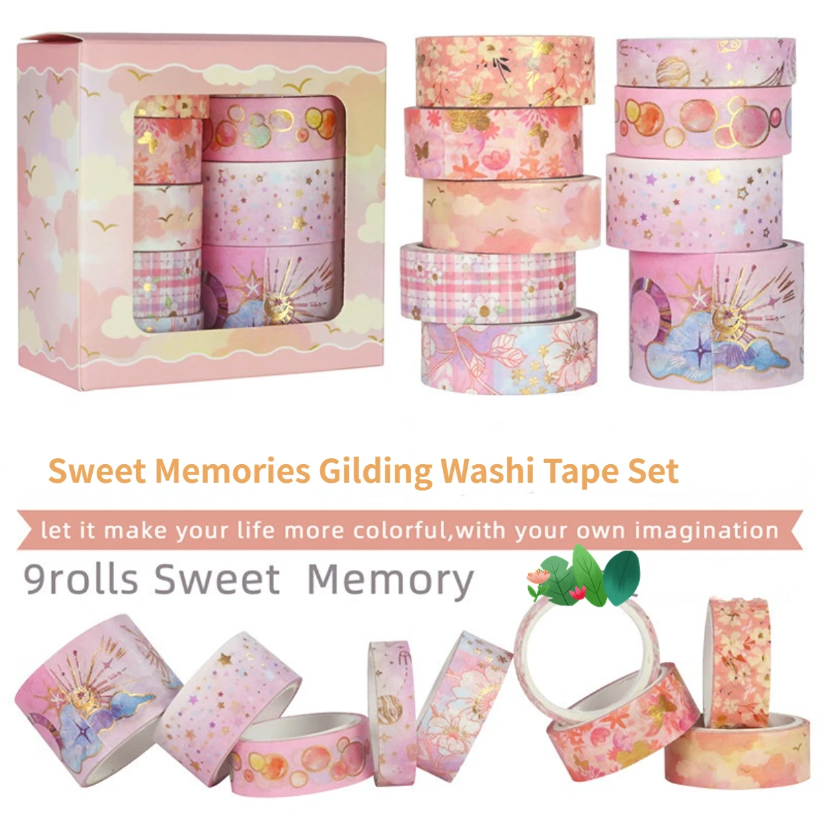 Imagem -02 - Sweet Memories Gilding Washi Tape Grupo Scrapbooking Faça Você Mesmo Jornal Papelaria Arte Suprimentos Fitas Mascaradas Presente Pcs por Conjunto