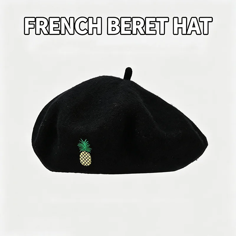 Women Wool Beret Japanese Fresh Pineapple Embroidery Painter Hat Retro Literary Outdoor Fashion Casual Solid Color Artist Beanie