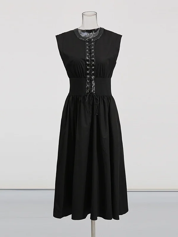 

2025 Solid Spliced Lace Up Slimming Dresses For Women O Neck Sleeveless High Waist Temperament Long Dress Female Fashion