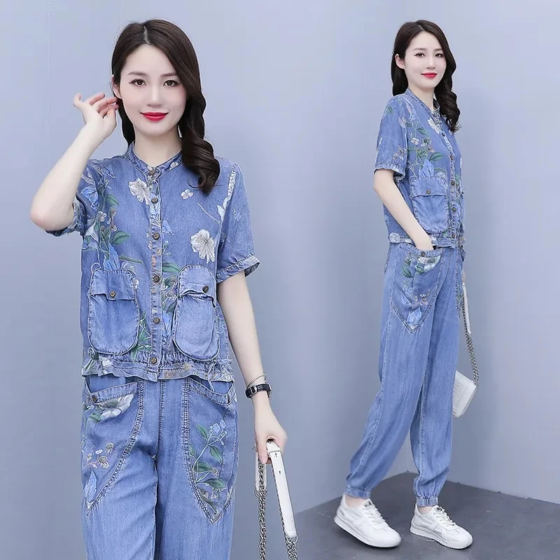 

Summer Leisure Cowboy Pants Suit Women Printing Short Sleeve Single-Breasted Tops+ Denim Trousers Slim Fit Two Piece Set Lady