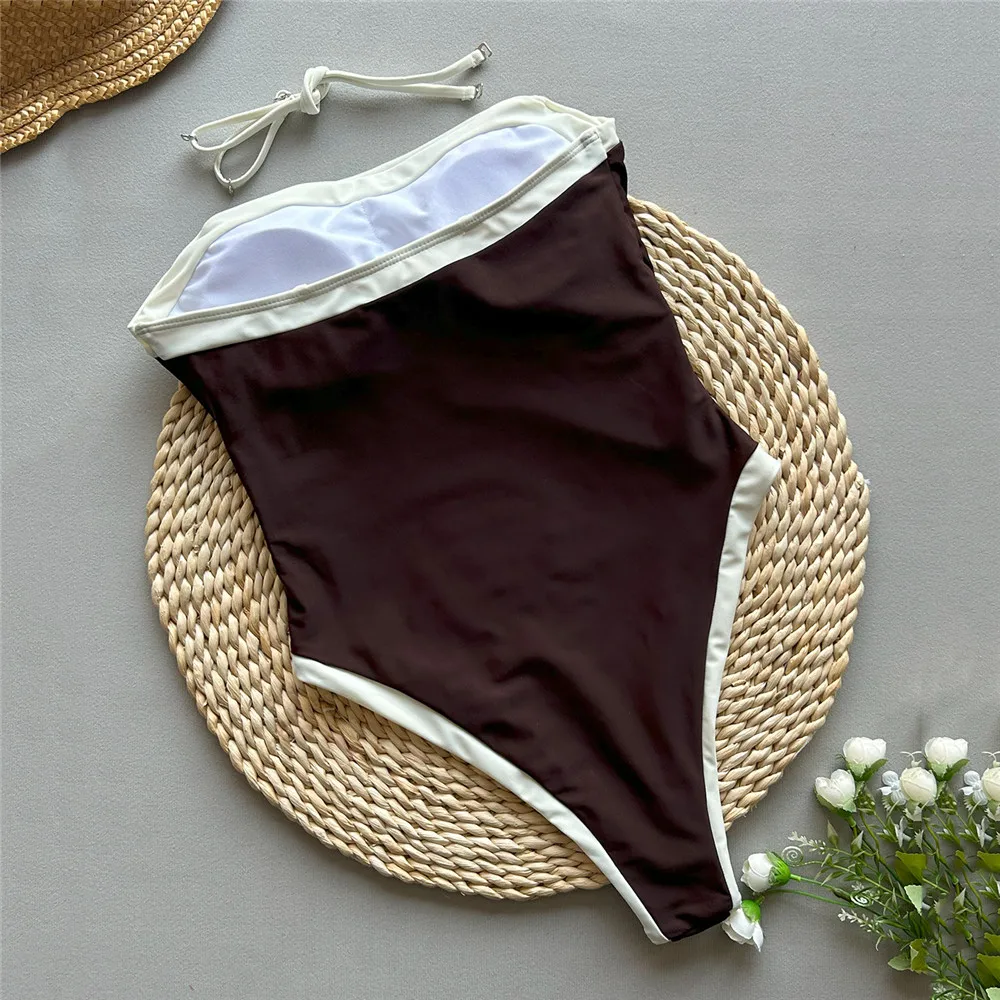 Brown Strapless Sexy Swimsuit Women One Piece Swimwear 2026 White Edge Metal Ring Belt High Cut Bathing Swimming Suit Monokini