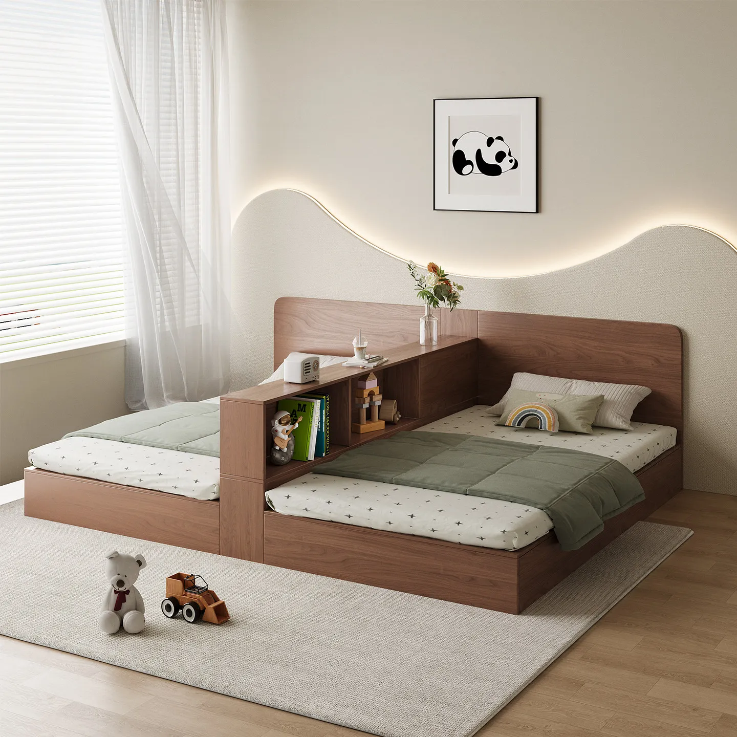 

Customizable double bed One room becomes two rooms Separate partition bed