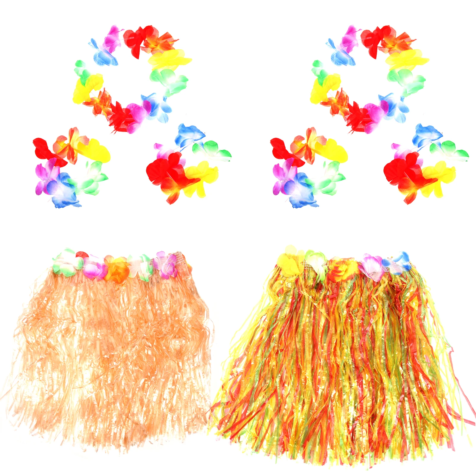 

2 Sets Hawaii Tropical Grass Dance Skirt Flower Bracelets Headband Necklace Set 40cm (Colorful Skirt and Straw Color Skirt)